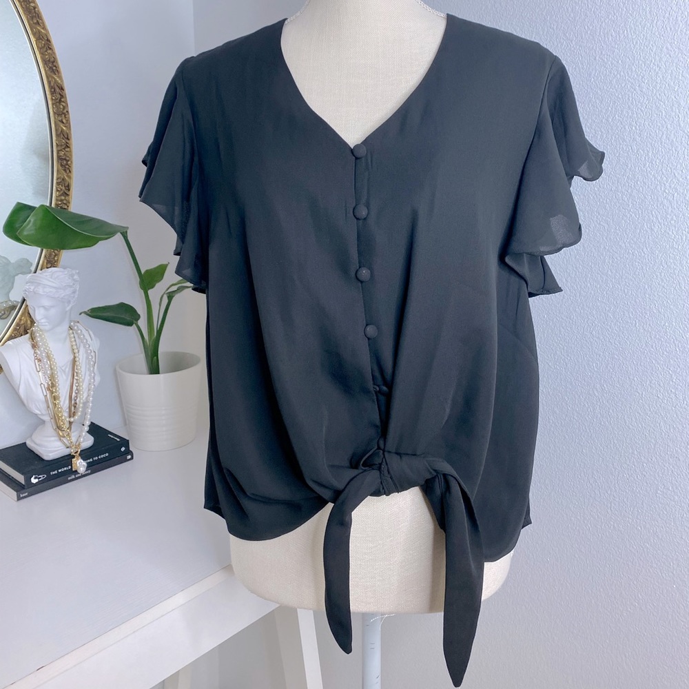NWOT Black button up blouse with frill sleeves
